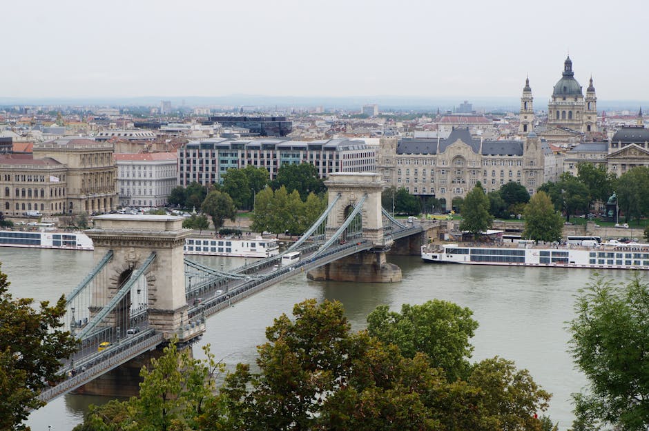 A panoramic view of the River Thames in central London, featuring the iconic Chain Bridge (Széchenyi Chain Bridge) with its stone masonry towers and suspension cables spanning across the water. Several white passenger boats are docked along the riverbank, with one actively being loaded or unloaded in the foreground. The scene includes a mix of historic and modern buildings on the city skyline, with some of the structures partially obscured by lush green trees situated along the river's edge. The cloudy sky provides diffuse natural lighting, highlighting details of the bridge's construction and the surrounding urban landscape. This image captures the typical environment encountered during house removals or furniture transport in central London, where careful loading, packing, and transportation of household items are necessary for home relocation services managed by companies like Kennington Removals, serving residents around Oval and Kennington Park.